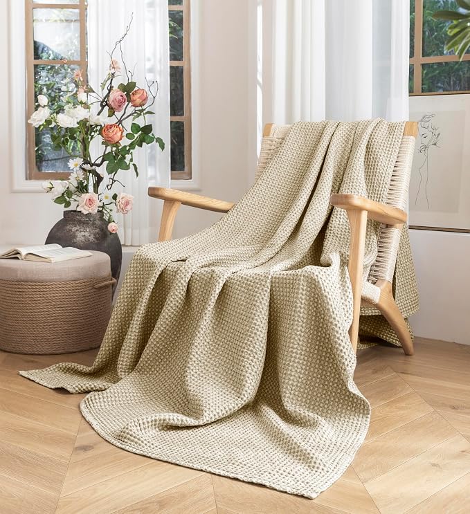 Talasily 100% Cotton Blanket Throw Size for Bed - Spring and Summer Cooling Lightweight & Breathable Bedding -Soft Waffle Weave Christmas Blanket, Machine Washable,Warm Brown,50x60 Inches