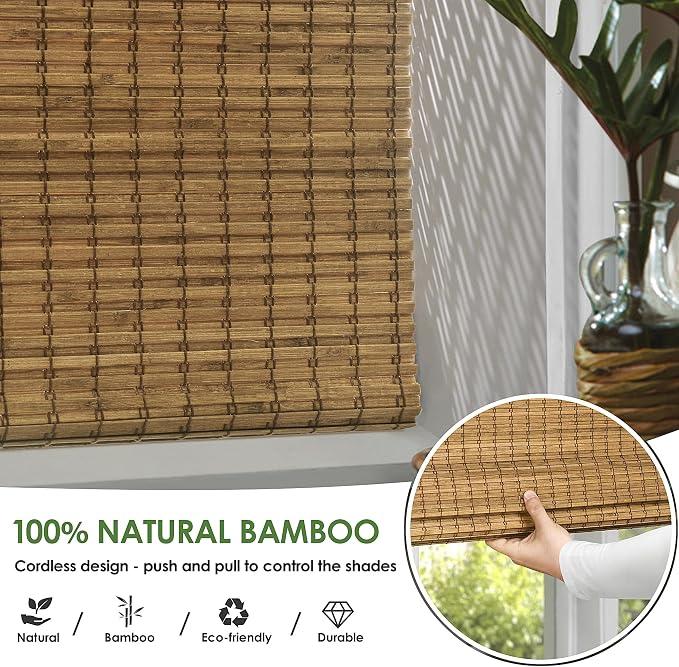 LazBlinds Cordless Bamboo Roman Shades, 36x64, Highfield Teak | Privacy Blinds for Interior Windows, Room Darkening Roll Up Bamboo Blinds for Home & Patio