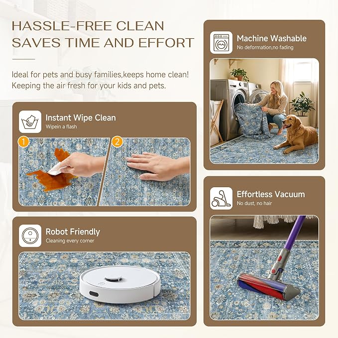 HUGEAR 6x9 Machine Washable Rugs Light Blue Hallway Large Area Rug Indoor Accent Rug Floral Low Pile Carpet Soft Throw Aesthetic Rug Bedroom Living Room Office Dining Room Kitchen Laundry Room