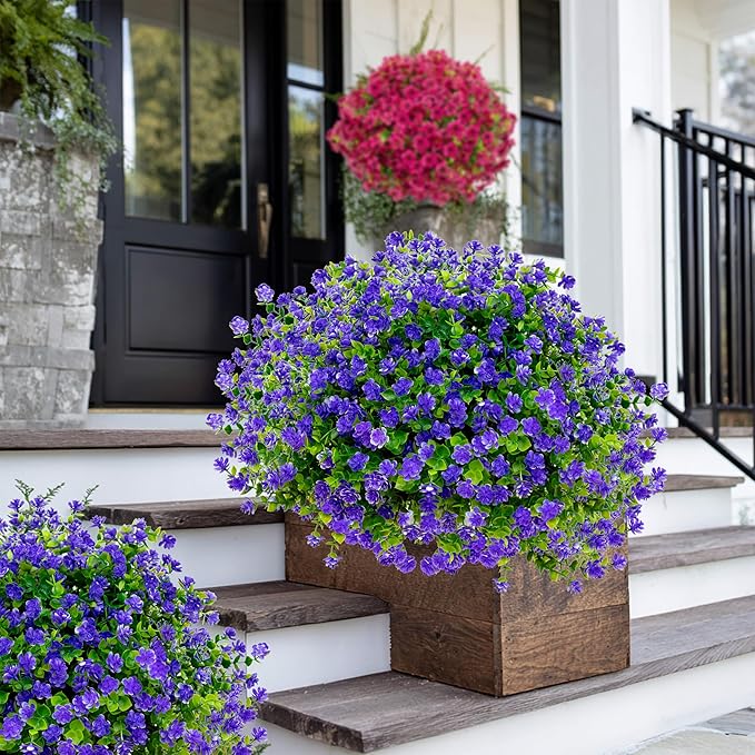AXYLEX Artificial Flowers for Outdoors Fake Plants - 12 Bundles Faux Outside Greenery Boxwood No Fade Plastic Shrubs Fall Decor Farmhouse Home Garden (Purple)