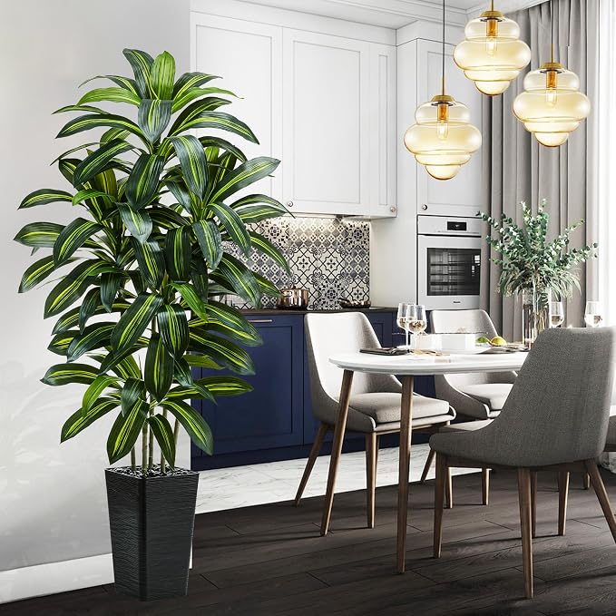 Artificial Dracaena Tree：6FT Faux Silk Tropical Yucca Floor Trees Realistic Fake Green Plant with Natural Wood Trunk & Lifelike Leaves for Home Office Decor Indoor & Outdoor (6FT,1-Pack,Black)