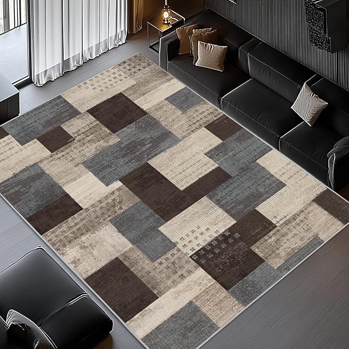 Modern Geometric Patchwork Indoor Area Rug for Living Room, Blue-Taupe 10'x 14' Large Rug Rockwood Collection Hardwood Floors Decor for Bedroom, Blue Throw Carpet for Entryway Dining Room