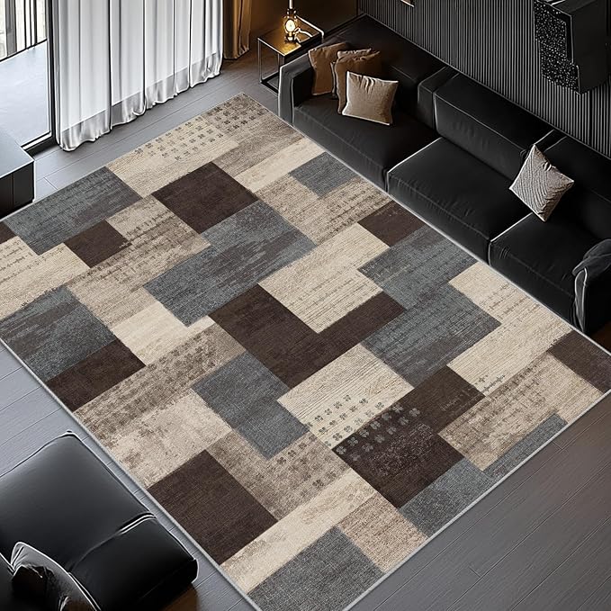 Modern Geometric Patchwork Indoor Area Rug for Living Room, Blue-Taupe 8'x 10' Large Rug Rockwood Collection Hardwood Floors Decor for Bedroom, Blue Throw Carpet for Office Entryway Dining Room