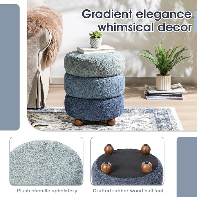 Glitzhome Round Ottoman with Storage Set of 2 Vanity Stool Foot Rest with Removable Lid Modern Upholstered Velvet Storage Ottoman Stool for Living Room and Dorm, Gradient Blue