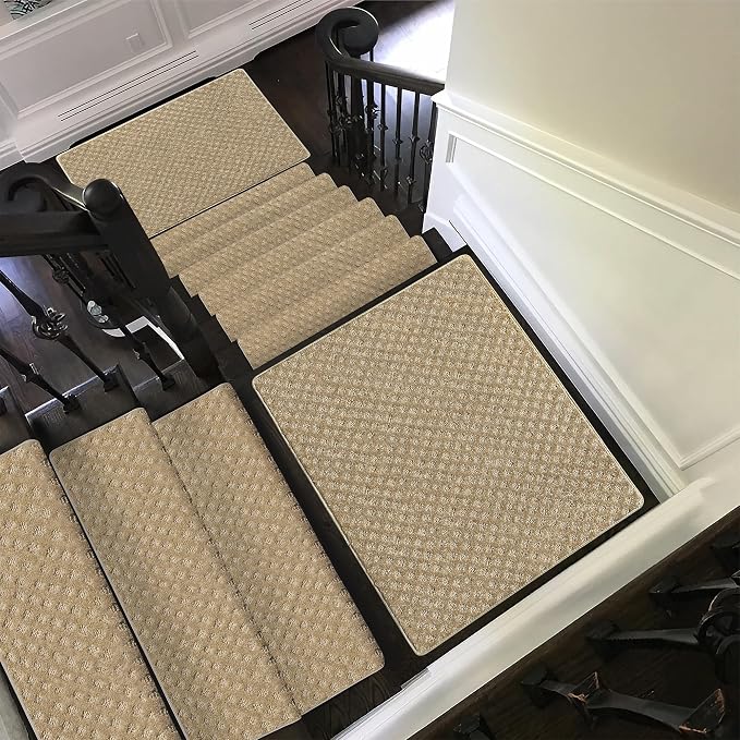 PURE ERA Bullnose Carpet Stair Treads Set Tape Free Non-Slip Indoor Stair Protectors Pet Friendly Rugs 9.5" x 30"(7 Pieces,Khaki Mini-Diamond Trellis)