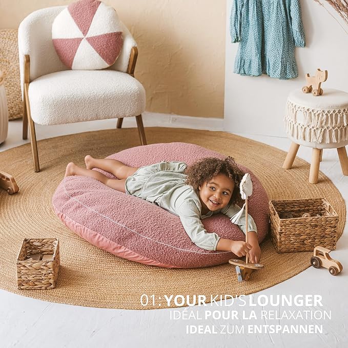 MINICAMP Large Kids Floor Cushion – Ultra Fluffy Washable Bean Bag Chair & Reading Pillow with Boucle Sherpa Cover – Soft Kids Lounger Floor Seat for Playroom, Bedroom or Nursery - Made in EU (Pink)