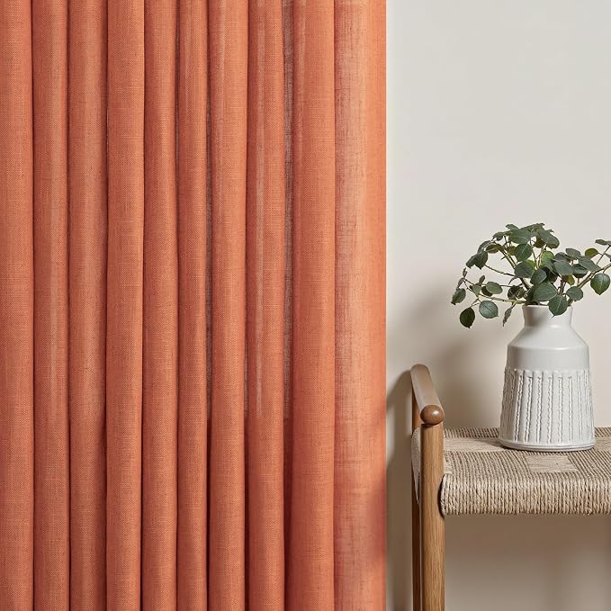 DANCURTON Burnt Orange Linen Curtains 63 Inch Length 2 Panel for Living Room Dining Bedroom Pinch Pleat Back Tab Light Filtering Semi Sheer Pleated Drape Textured Rust Orange Window Curtain 40X63 Long