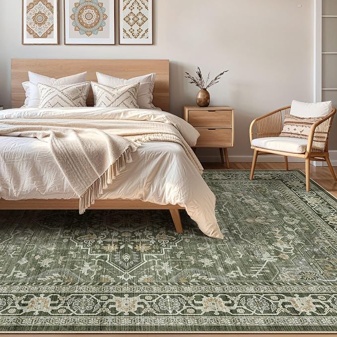 10x12 Area Rug Living Room: Washable Boho Large Neutral Vintage Soft Rugs Stain Resistant Farmhouse Non Slip Indoor Floor Carpet for Bedroom Nursery Kids Playroom Office Dining Room Home- Dark Green