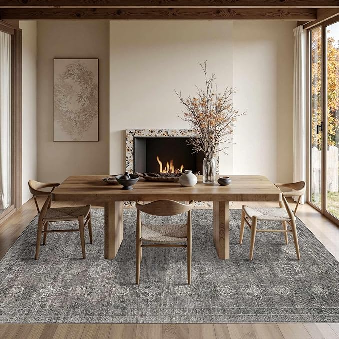 Rugxara 6x9 Area Rugs for Living Room Bedroom, Large Washable Rug, Grey Vintage Retro Boho Rug, Non Slip & Low Pile Faux Wool Thin Carpet for Indoor Dining Room and Kids Room(Taupe/Grey 6x9ft)