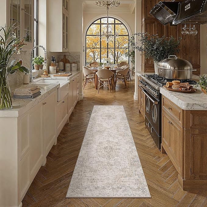 HUGEAR Hallway Runner Rugs 2x6 Washable Rug Beige Vintage Rug Carpet Low Pile Non Slip No Shedding Soft Durable Indoor Bedroom Kitchen Home Decor Floor Mat