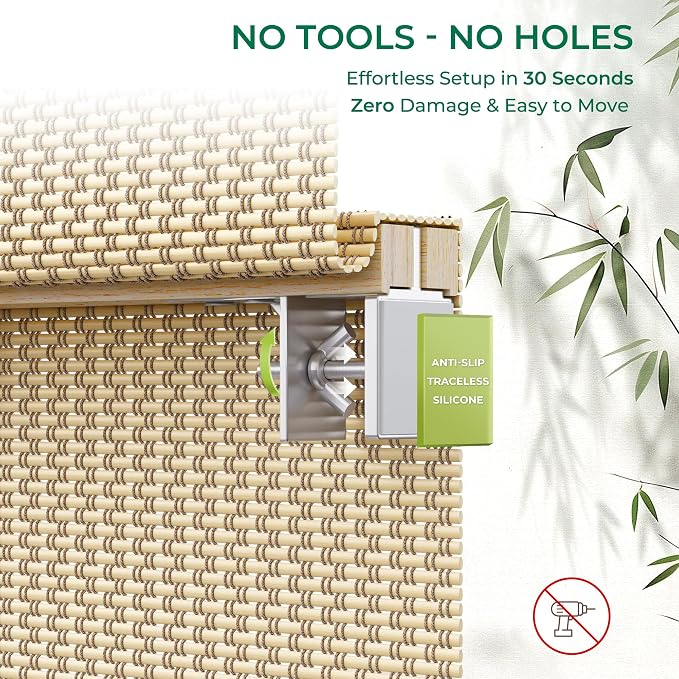 Allesin zen No Drill Cordless Bamboo Roman Shades, Light Filtering 35" W x 64" H, Beige