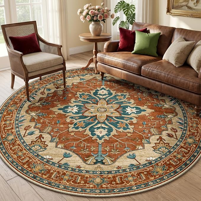 RELEANY Area Rugs Round 6ft Washable Non-Slip, Floral Vintage Distress Medallion Carpet for Living Room Bedroom Dining Room, Red Orange Blue Brown