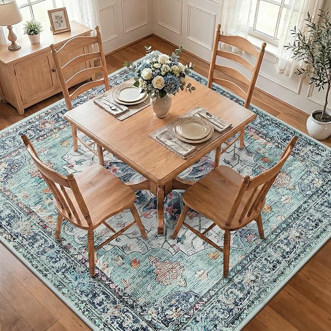 RELEANY Area Rugs Square 8ft Washable Non-Slip, Floral Vintage Distress Print Pattern Medallion Carpet for Living Room Bedroom Dining Room, Green Navy Blue White Red Teal Colorful