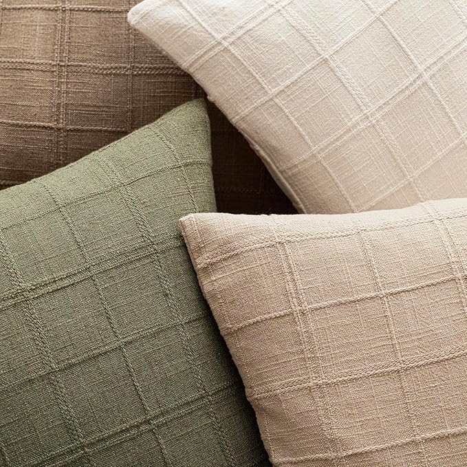 Foindtower Set of 2 Decorative Linen Check Throw Pillow Covers Neutral Farmhouse Vintage Cushion Covers Modern Boho Home Decor for Sofa Chair Couch Bedroom Living Room,22×22 Inch,Sage Green