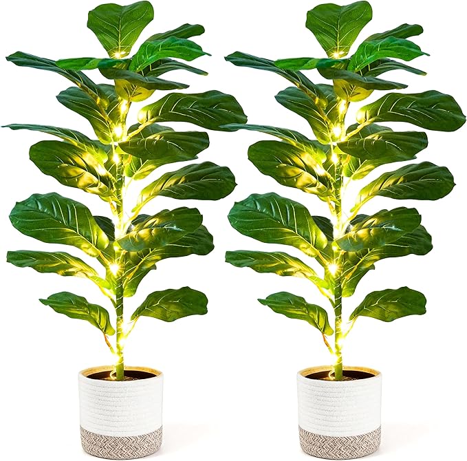Der Rose 2 Pack 30" Artificial Fiddle Leaf Fig Tree with Warm LED Lights – Battery Powered, Mid-Size Fake Plants for Living Room, Bedroom, Entryway & Home Decor