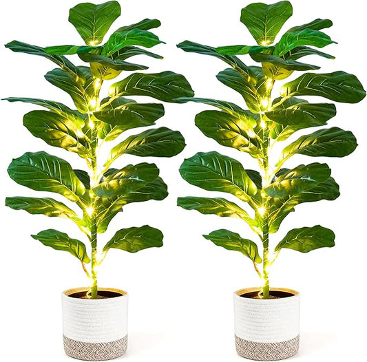 Der Rose 2 Pack 30" Artificial Fiddle Leaf Fig Tree with Warm LED Lights – Battery Powered, Mid-Size Fake Plants for Living Room, Bedroom, Entryway & Home Decor