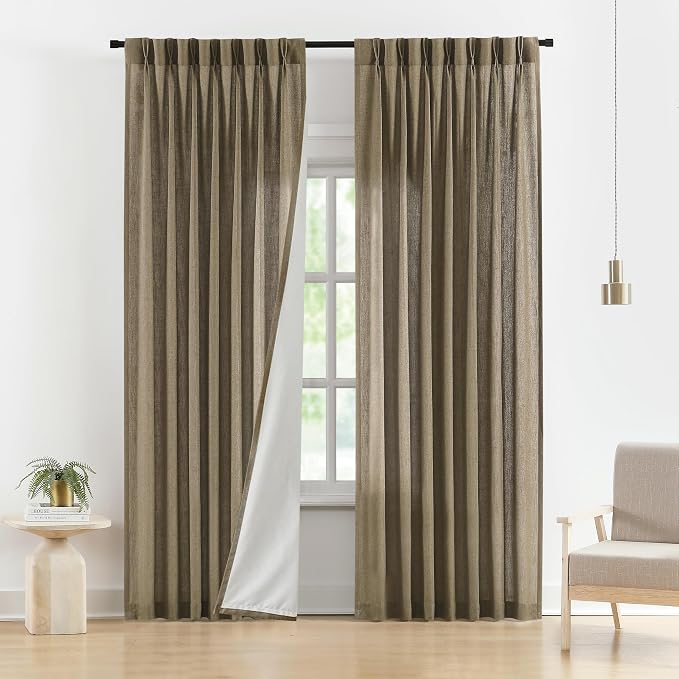 Vision Home Brown Pinch Pleated Light Filtering Curtains with Microfiber Liner 84 inch Linen Blended Textured Privacy Drapes for Living Room Bedroom Back Tabs with Hooks 2 Panels 40" Wx84 L