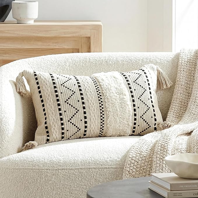 BlissBlush 12x20 Lumbar Pillow Cover, Cream Neutral Rectangular Decorative Cushion Cover with Black Pattern, Cotton Boho Accent Pillowcase with Tassels for Couch Sofa Living Room (Cover Only)