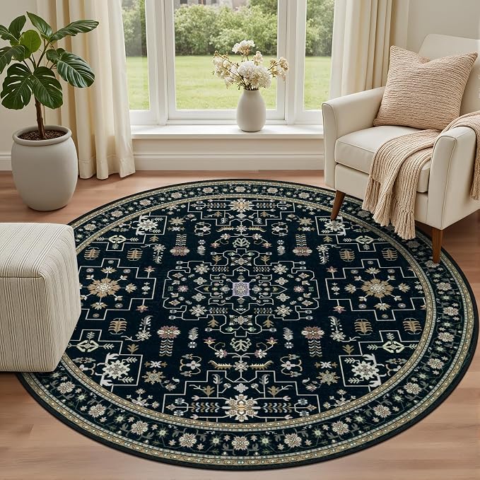 Round Area Rug for Living Room: 8 ft Washable Vintage Boho Soft Thin Circle Rug Indoor Floor No Slip Stain Resistant Carpet for Bedroom Dining Room Farmhouse Nursery Home Office -Black