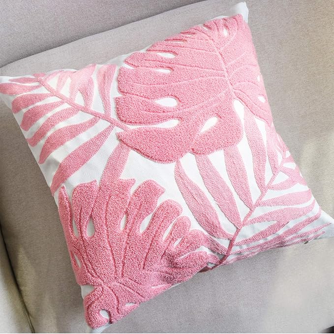 Embroidery Throw Pillow Cover 18x18 Home Decor Floor Pillow Cover for Couch Sofa Chair 100% Cotton Loop Embroidered Pink Tropical Leaves Cushion Cover Square Pillowcase 45x45cm, 1 Piece