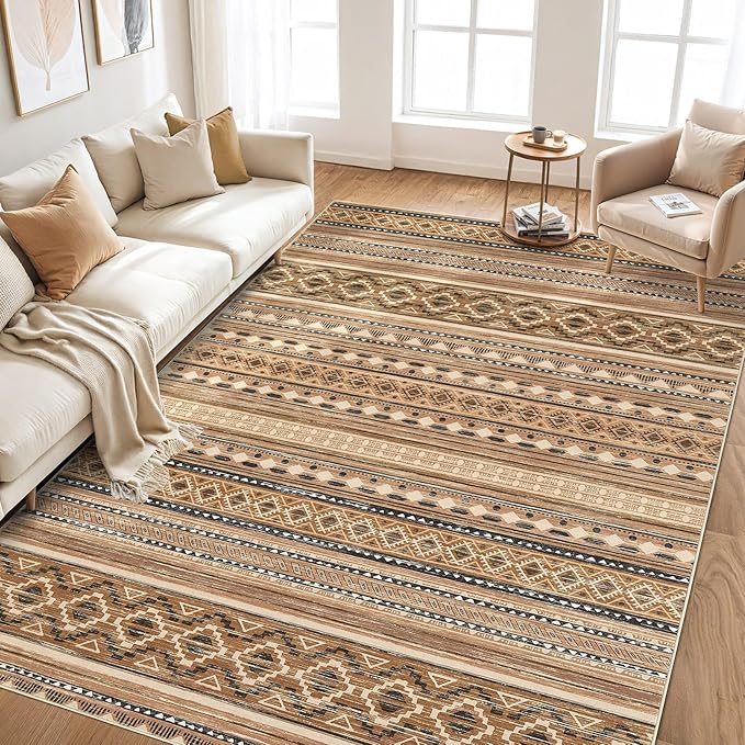 cotiled 6x9 Area Rug Living Room: Washable Boho Rugs with Non Slip Backing Large Soft Indoor Stain Resistant Carpet for Bedroom Farmhouse Dining Room Lightweight Home Decor Brown/Beige