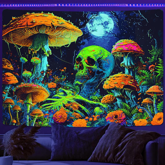 Xiaoput Blacklight Skull Wall Art, Black Light Skeleton Tapestry for Bedroom, UV Reactive Neon Gothic Tapestry for Men, Glow in Dark Trippy Forest Wall Hanging for Home Decor 60x40IN