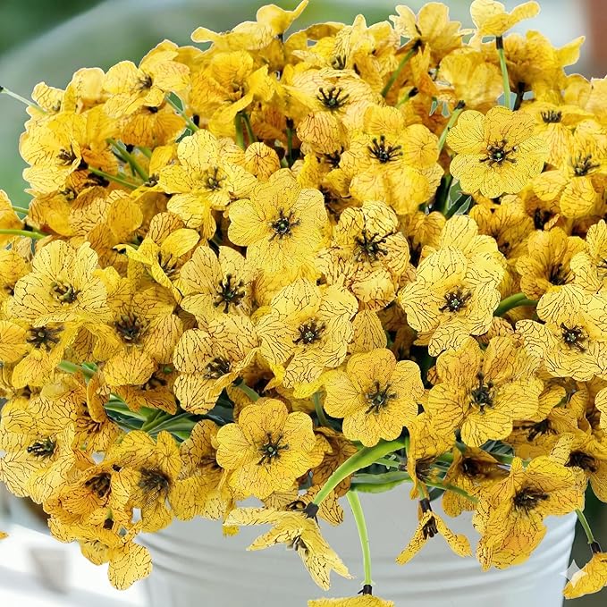 Geegoods Artificial Mums Flowers for Outdoors, 16 Bundles UV Resistant Fake Plastic Yellow Flowers for Patio Porch Spring Summer Decor