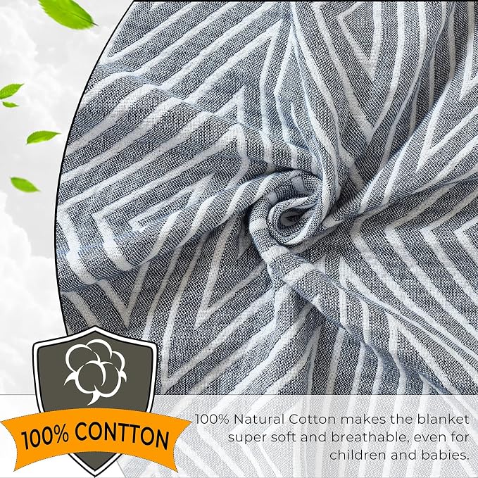Muslin Blanket,100% Cotton Reversible 4-Layer Geometric Quilt, Soft Throw Blanket for Twin Size Bedspread Sofa Room Decor, Gifts for Women,Men, 60"×80", Blue