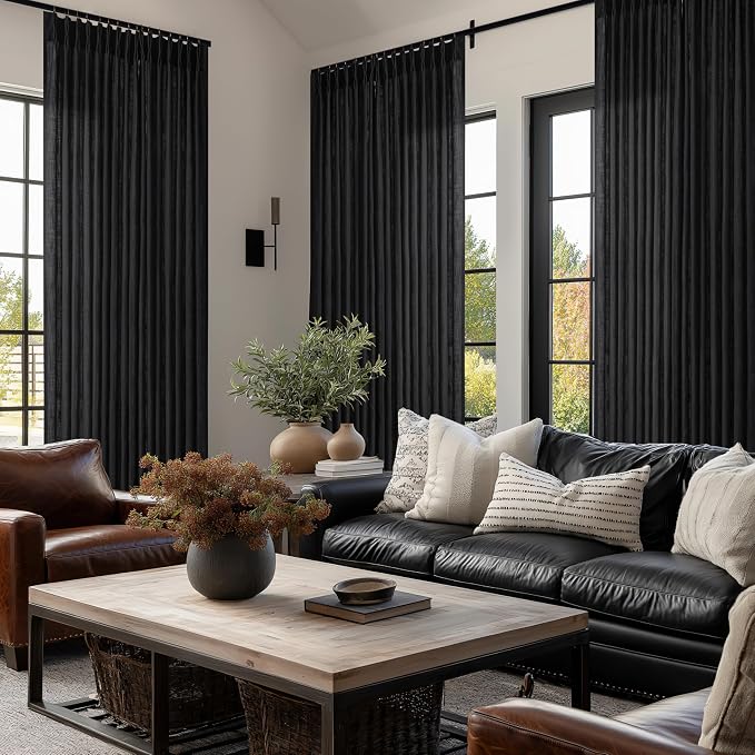 Black 90 Inch Linen Curtains Pinch Pleated for Living Room Bedroom Dining Boho Country Light Filtering Pinch Pleat Drapes with Hooks Rings Back Tab Semi Sheer Window Curtains 2 Panels Set 50x90