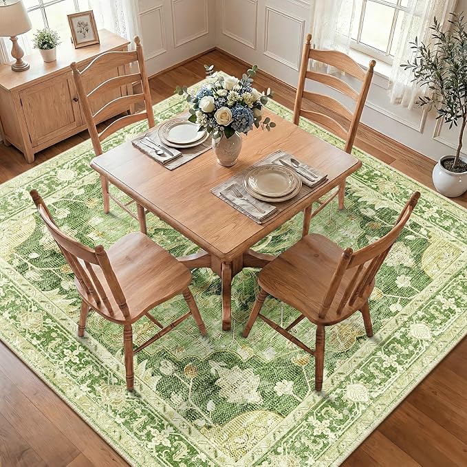 RELEANY Area Rugs Square 8ft Washable Non-Slip, Floral Vintage Distress Print Pattern Medallion Carpet for Living Room Bedroom Dining Room, Sage Green Yellow