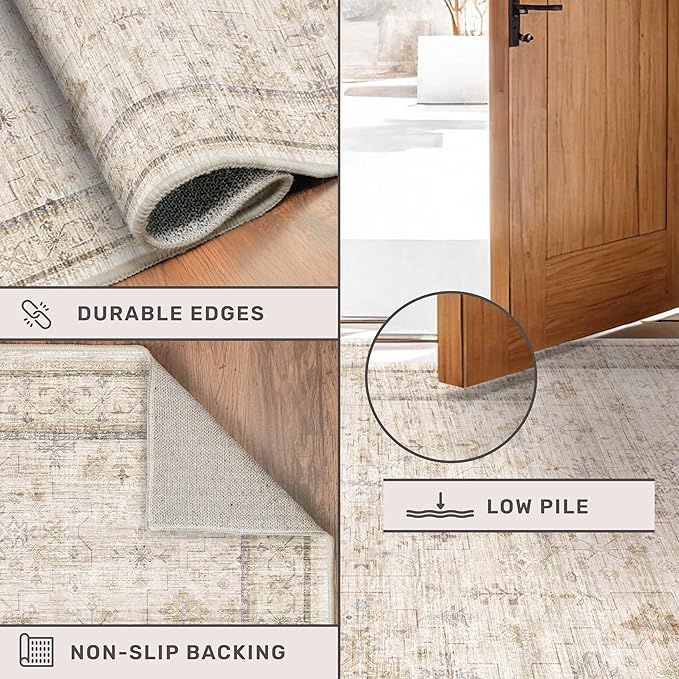 Washable Cream Rug 4x6 for Office, Bedroom, Non Slip Rugs for Kitchen, Mudroom, Low Pile Neutral Farmhouse Retro Small Living Room Carpet