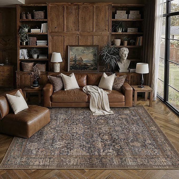 HUGEAR Area Rugs 5x7 Blue Brown Washable Rug for Living Room Bedroom Neutral Vintage Rug Carpet Distressed Soft Durable Non Slip No Shedding for Indoor Dining Nursery Farmhouse
