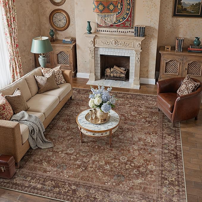 HUGEAR 8x10 Machine Washable Rugs Brick Red Hallway Large Area Rug Indoor Accent Rug Floral Low Pile Carpet Soft Throw Aesthetic Rug Bedroom Living Room Office Dining Room Kitchen Laundry Room