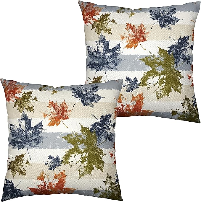 2 Pack Thanksgiving Maple Leaves Pillow Covers Colorful Leaf Pillow Cases Blue White Striped Throw Pillow Covers Fall Cotton Linen Farmhouse Pillow Covers for Living Room Patio Outdoor 20x20