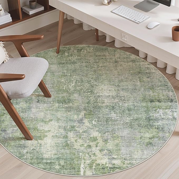 Soalmost 6x6 Green/Ivory Round Rug 6ft Living Room Circle Rug Vintage Round Area Rug Non Slip Indoor Carpet for Dining Room Bedroom