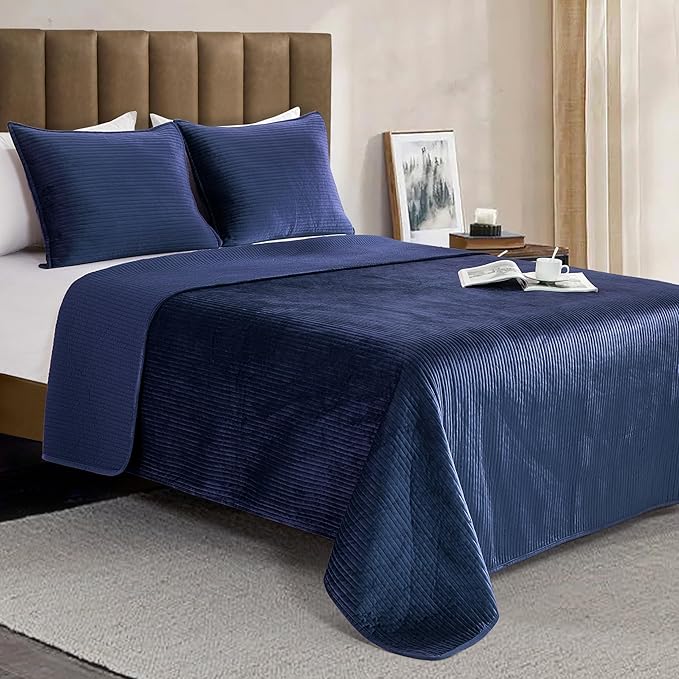 Elegant Comfort Luxury 3-Piece Velvet Corduroy Stripe Quilt Set, Ultra Soft Bedspread - Cozy Velvet Coverlet Set - 3PC Medium Weight Quilted Set with Matching Pillow Shams, King, Navy Blue
