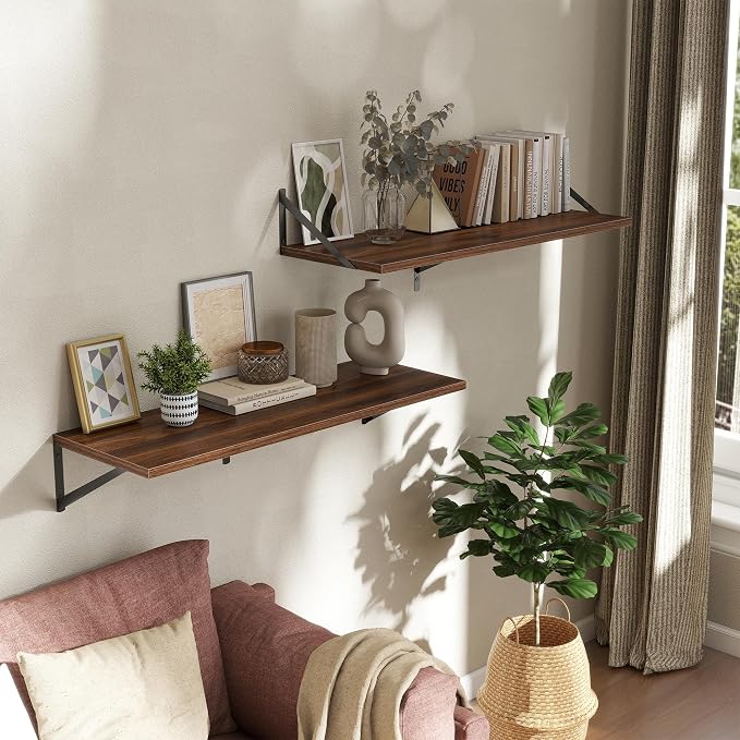 Acovy Deep Floating Shelves Wall Mounted, 36"x12" Walnut Wall Shelves with Brackets Set of 2 for Bedroom, Living Room, Bathroom, Kitchen, Office - Storage & Display Shelf for Decor, Books, Plants