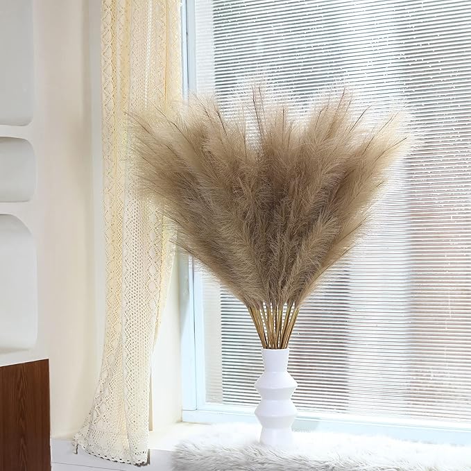 Wertuirk 8 Pcs 45 inch Tall Faux Pampas Grass Decor, Large Artificial Brown Pompous Grass Bulk, Long Fake Pompas for Floor Vase Filler, Wedding, Baby Shower, Home and Boho Decor (Brown)