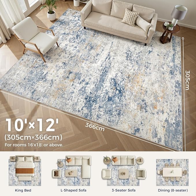DMOYEST Area Rug Living Room Rugs - 10x12 Abstract Large Soft Indoor Washable Rug Neutral Modern Low Pile Carpet for Bedroom Dining Room Farmhouse Home Office - Blue