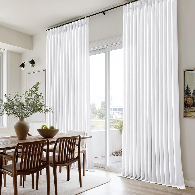 Pinch Pleated Curtains 105 Inches Long for Living Room 2 Panels Farmhouse Thick Linen Textured Snow White Pinch Pleat Drapes Hooks Back Tab Custom Memory Trained 105 Inch Curtain for Dining Bedroom
