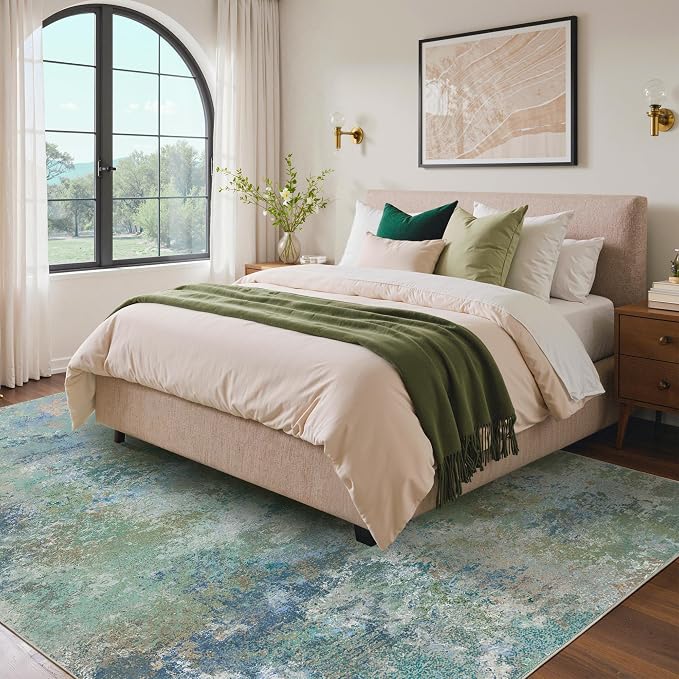 BEIMO Area Rugs 7'6"x9'6" for Living Room Bedroom, Modern Abstract Machine Washable Rug, Large Soft Low Pile Floor Carpet with Non Slip Backing for Dining Room, Blue Green