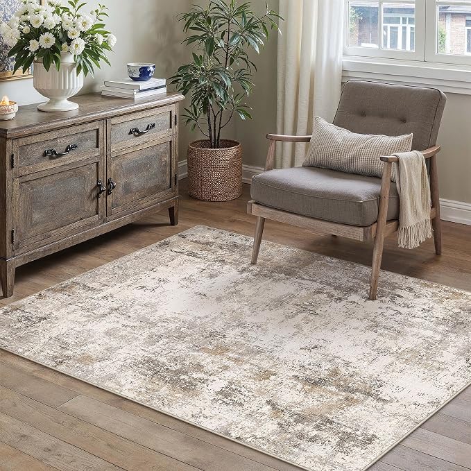 3x5 Washable Area Rug Brown Grey Abstract Non Slip Soft Low Pile Rug for Entryway Kitchen Bathroom Neutral Modern Throw Carpet for Living Room Bedroom Home Decor