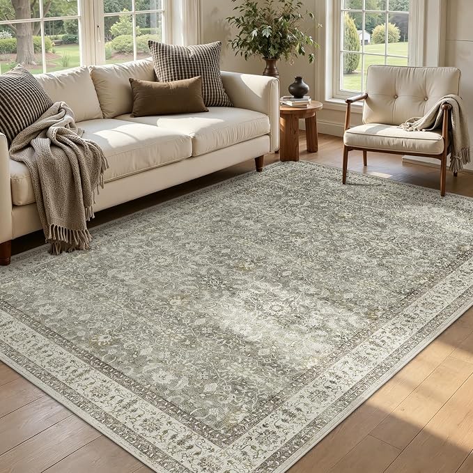 Neutral Gray 5x7 Area Rugs, Transitional Modern Faromhouse Print Rugs for Living Room Bedroom, Washable Non Slip Ultra Thin Carpet Rug for Dining Room Home Office, Soft French Gray/Beige/Olive