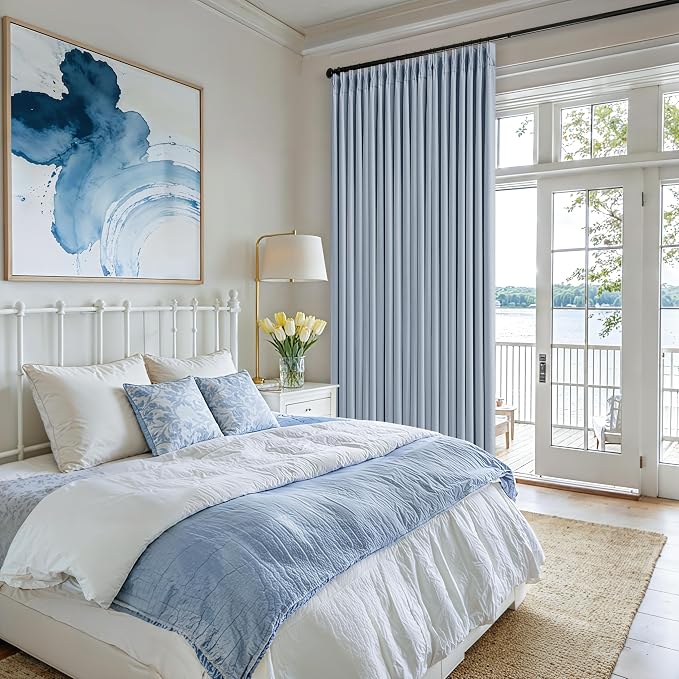 Light Blue Pinch Pleated Thick Linen Curtains 84 Inches Long for Living Room Bedroom Two Layer Blackout Sky Baby Blue Window Curtains Energy Efficient Modern Drapes with Hooks Rings 2 Panels Set