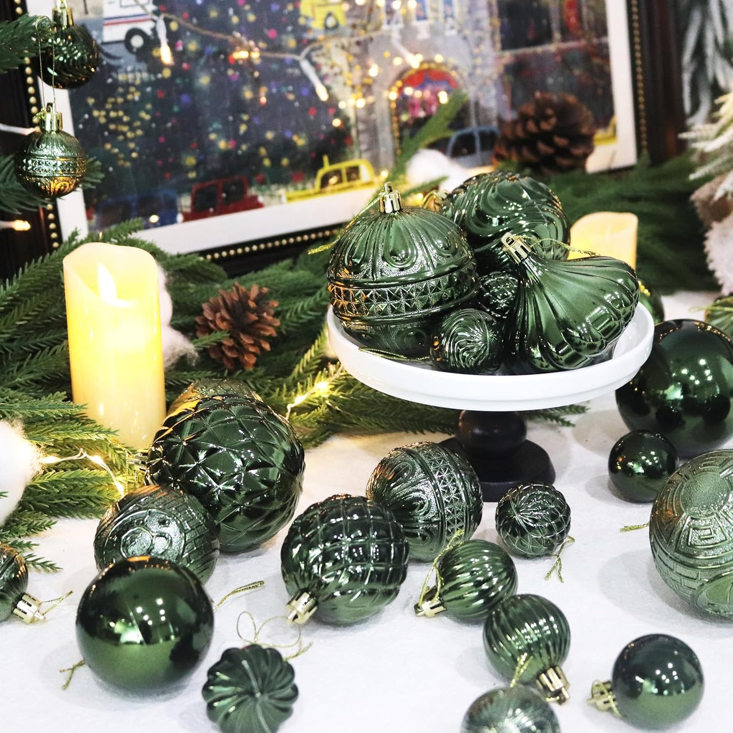 Christmas Ornaments Set with 36pcs Shatterproof Christmas Tree Decorations Multi-Size Christmas Ball Ornaments with 7 Styles Dark Green