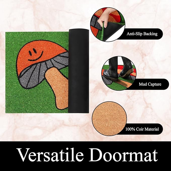 A1HC Natural Coco Coir Door Mat Dancing Mushroom Doormat with Heavy Duty Non-Slip PVC Backing - 18" x 30" - Easy to Clean, Welcome Mat for Home, Low-Profile Durable Doormat