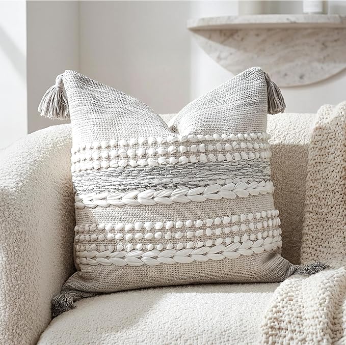 BlissBlush Gray Decorative Throw Pillow Cover 20X20, Boho Accent Pillow for Couch, Square Modern Farmhouse Pillowcase for Living Room Couch Sofa Cushion Home Décor (Pack of 1)