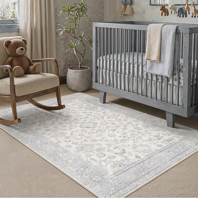 3x4 Blue Washable Area Rug for Living Room Bedroom Neutral Soft Floral Non Slip Thin Throw Rug Lightweight Vintage Low Pile Distressed Doormat Nursery Entrance Playroom Front Door Bathroom