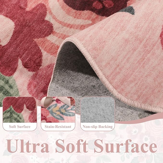 DUKINO 3x10 Washable Runner Rug, Non Slip Floral Ultra Soft Runner for Hallway, Lightweight Low Pile & Stain Resistant Long Throw Carpet for Kitchen, Bathroom, Entrance, Bedroom, Kids Room, Pink