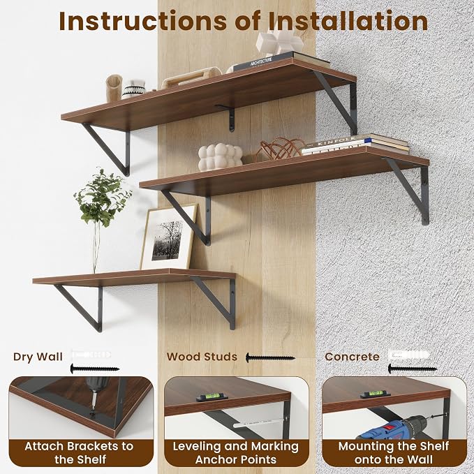 Acovy Floating Shelves for Wall,48" Wx8 D Wood Wall Shelves,Hanging Storage Floating Shelf with Metal Brackets,Wide Floating Bookshelf for Living Room,Office,Bedroom,Bathroom,Set of 2,Walnut